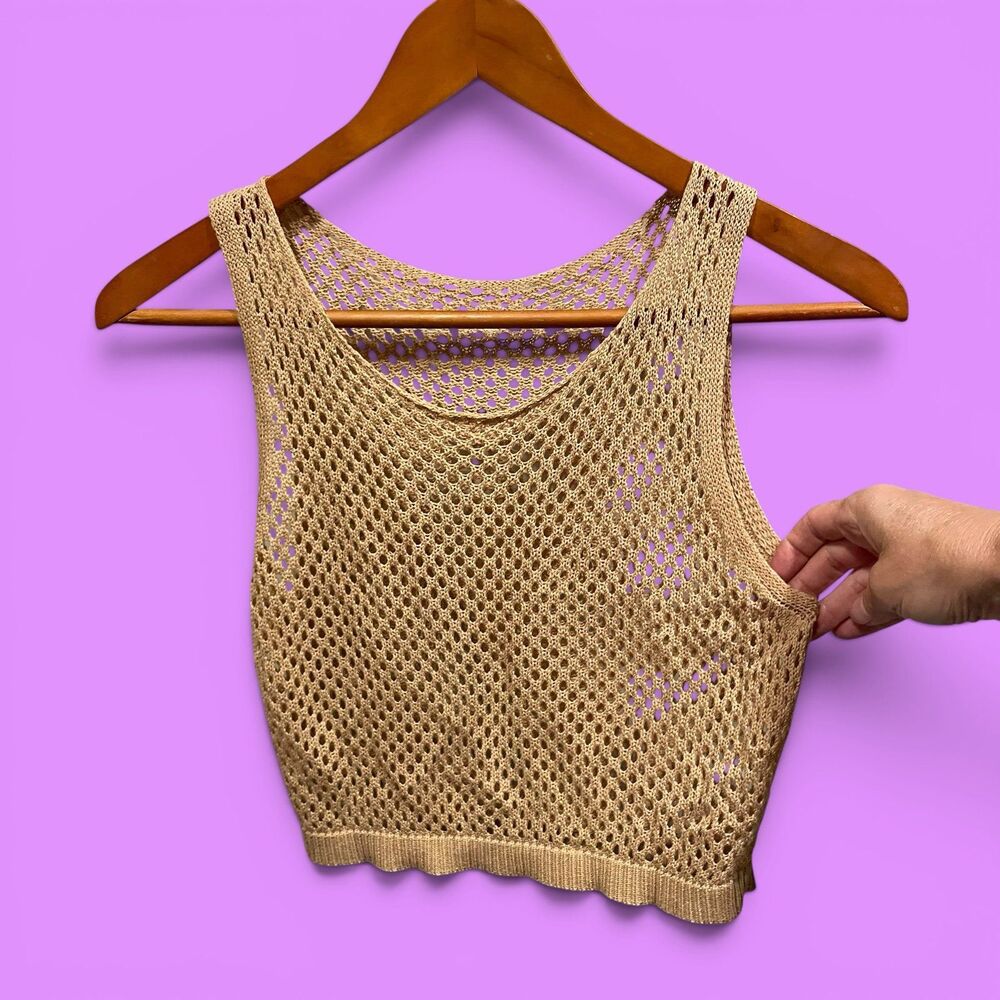 Cute flax open weave mesh look crop sweater